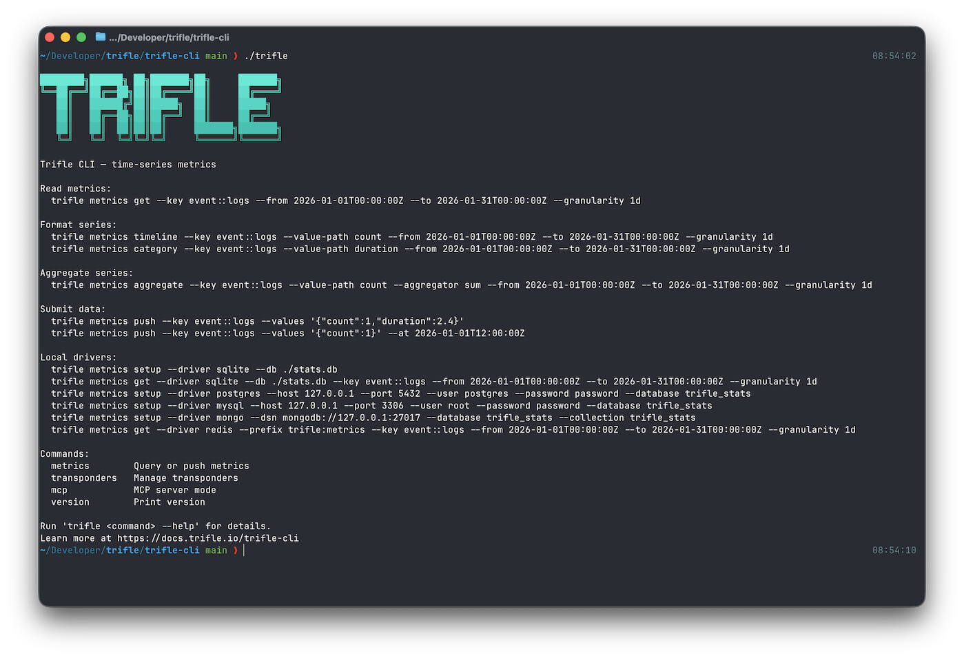 Trifle CLI help output showing available commands and usage examples